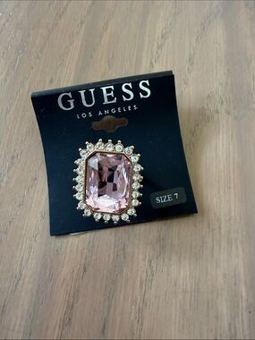 GUESS Rose Gold-Tone Pink Crystal Halo Ring